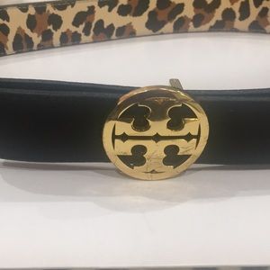 Tory Burch black/cheetah print leather belt
